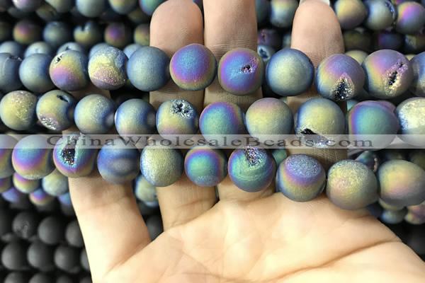 CAA1359 15.5 inches 14mm round matte plated druzy agate beads
