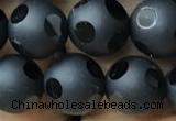 CAA2460 15.5 inches 10mm carved round matte black agate beads