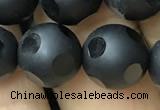 CAA2462 15.5 inches 14mm carved round matte black agate beads