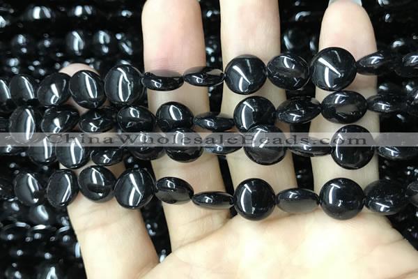 CAA2525 15.5 inches 8mm flat round black agate beads wholesale