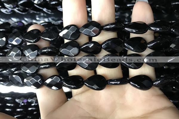 CAA2601 15.5 inches 10*14mm faceted flat teardrop black agate beads