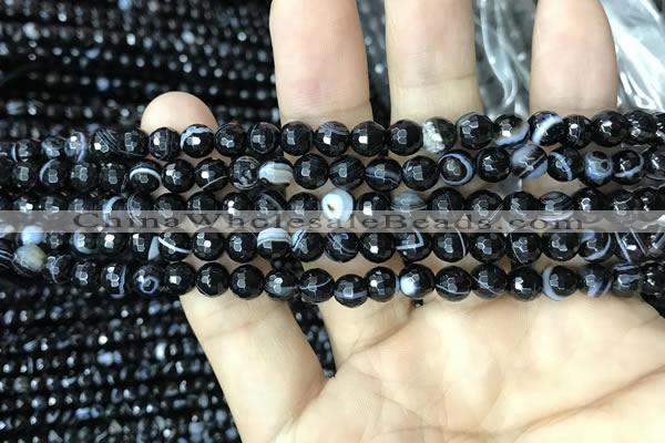 CAA2645 15.5 inches 6mm faceted round banded black agate beads