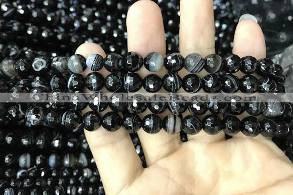 CAA2646 15.5 inches 8mm faceted round banded black agate beads