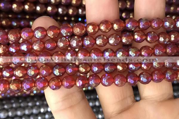 CAA3549 15.5 inches 6mm faceted round AB-color red agate beads