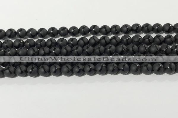 CAA3655 15.5 inches 6mm round matte & carved black agate beads