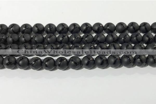 CAA3656 15.5 inches 8mm round matte & carved black agate beads