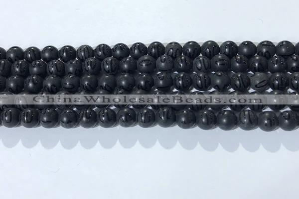 CAA3660 15.5 inches 6mm round matte & carved black agate beads