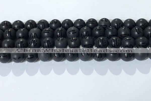 CAA3662 15.5 inches 10mm round matte & carved black agate beads