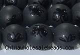 CAA3666 15.5 inches 8mm round matte & carved black agate beads