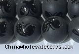 CAA3667 15.5 inches 10mm round matte & carved black agate beads