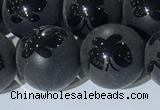 CAA3668 15.5 inches 12mm round matte & carved black agate beads