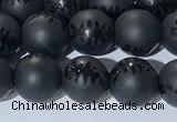 CAA3670 15.5 inches 6mm round matte & carved black agate beads