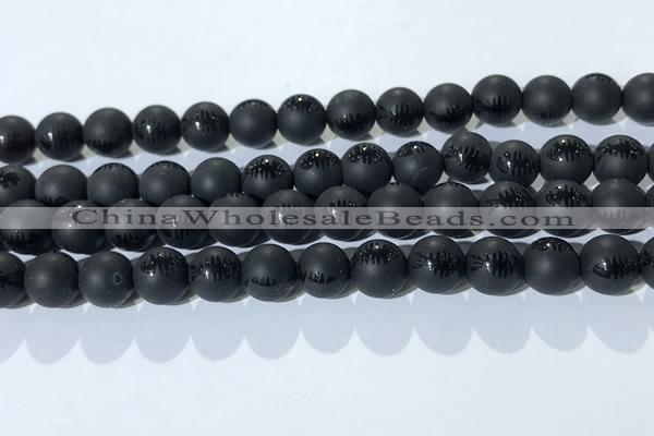 CAA3671 15.5 inches 8mm round matte & carved black agate beads