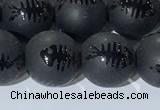 CAA3672 15.5 inches 10mm round matte & carved black agate beads