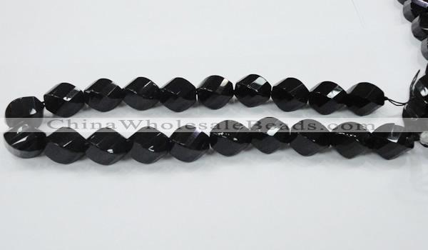 CAB337 15.5 inches 15*20mm faceted & twisted rice black agate beads