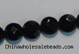 CAB809 15.5 inches 12mm faceted coin black gemstone agate beads