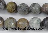 CAG1435 15.5 inches 14mm faceted round bamboo leaf agate beads