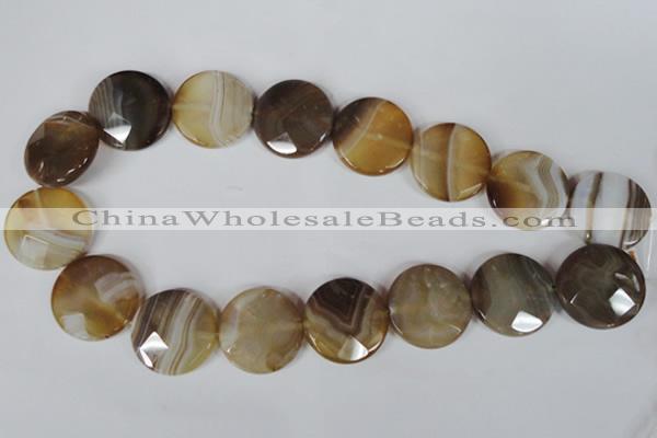 CAG3168 15.5 inches 25mm faceted coin brown line agate beads
