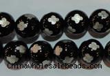 CAG3354 15.5 inches 12mm carved round black agate beads wholesale