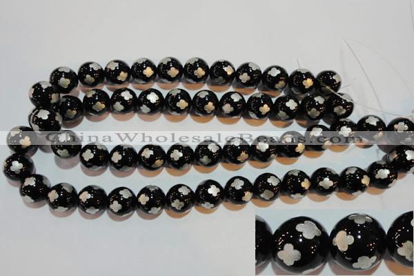 CAG3355 15.5 inches 14mm carved round black agate beads wholesale