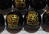 CAG3387 15.5 inches 14mm carved round black agate beads wholesale