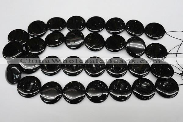 CAG4016 15.5 inches 25mm flat round black agate beads