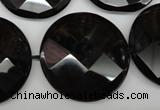 CAG4025 15.5 inches 30mm faceted coin black agate beads