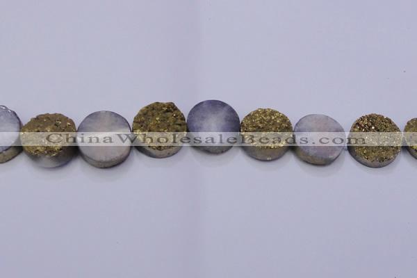 CAG7937 7.5 inches 24mm flat round plated white druzy agate beads