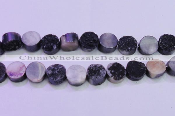 CAG8397 7.5 inches 25mm coin black plated druzy agate beads