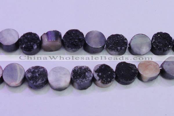 CAG8417 7.5 inches 35mm coin black plated druzy agate beads