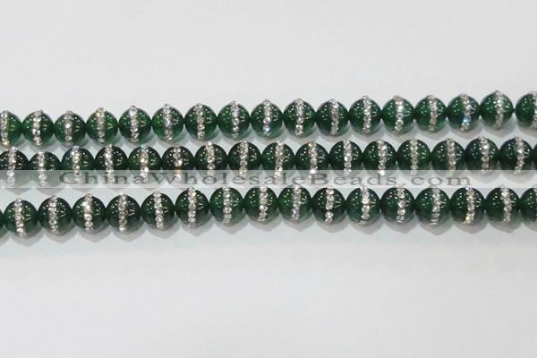 CAG8623 15.5 inches 14mm round green agate with rhinestone beads