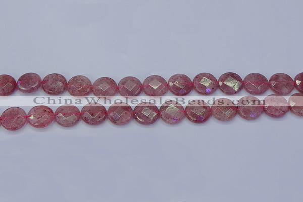 CBQ460 15.5 inches 12mm faceted coin strawberry quartz beads