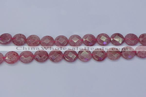 CBQ461 15.5 inches 14mm faceted coin strawberry quartz beads