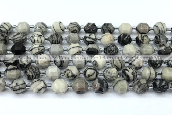 CCB1443 15 inches 7mm - 8mm faceted black water jasper beads