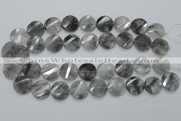 CCQ143 15.5 inches 20mm faceted & twisted coin cloudy quartz beads