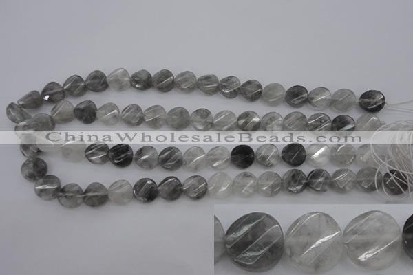 CCQ272 15.5 inches 12mm faceted & twisted coin cloudy quartz beads