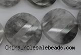 CCQ275 15.5 inches 25mm faceted & twisted coin cloudy quartz beads