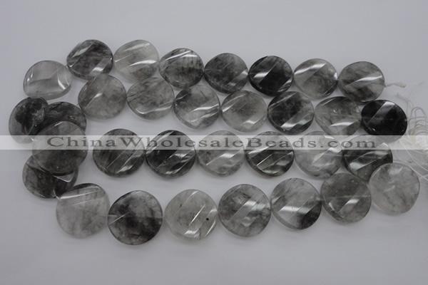 CCQ275 15.5 inches 25mm faceted & twisted coin cloudy quartz beads