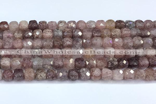 CCU1279 15 inches 6mm - 7mm faceted cube strawberry quartz beads