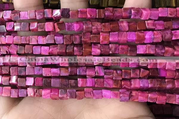 CCU455 15.5 inches 4*4mm cube fuchsia crazy lace agate beads