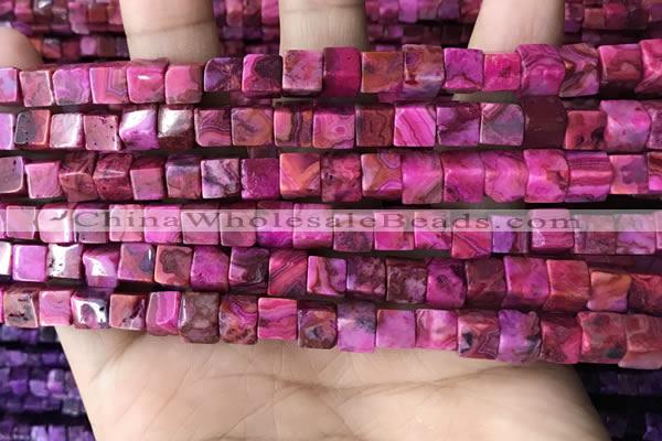 CCU485 15.5 inches 6*6mm cube fuchsia crazy lace agate beads