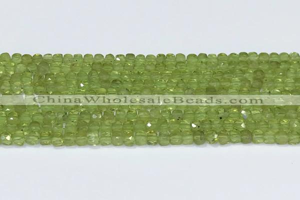 CCU836 15 inches 4mm faceted cube olive quartz beads