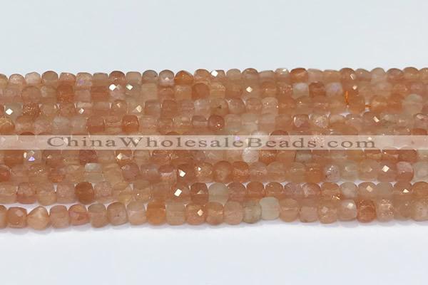 CCU849 15 inches 4mm faceted cube golden sunstone beads