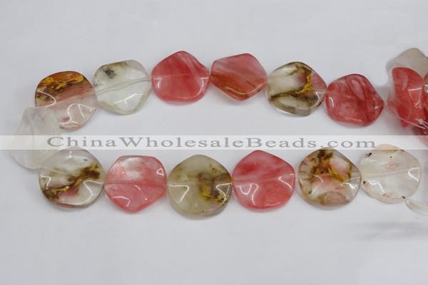 CCY229 15.5 inches 30mm wavy coin volcano cherry quartz beads
