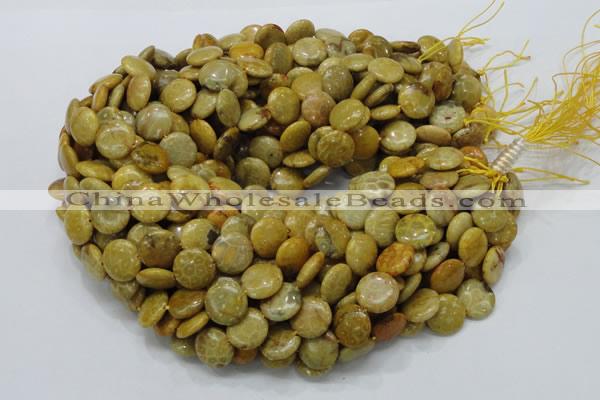 CFA42 15.5 inches 15mm flat round yellow chrysanthemum agate beads