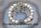 CFB1035 Hand-knotted 9mm - 10mm potato white freshwater pearl & grey agate bracelet