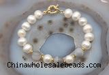 CFB1036 Hand-knotted 9mm - 10mm potato white freshwater pearl & grey banded agate bracelet