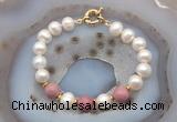 CFB1045 Hand-knotted 9mm - 10mm potato white freshwater pearl & pink wooden jasper bracelet