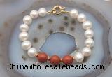 CFB1046 Hand-knotted 9mm - 10mm potato white freshwater pearl & red jasper bracelet