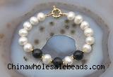 CFB1057 Hand-knotted 9mm - 10mm potato white freshwater pearl & black obsidian bracelet